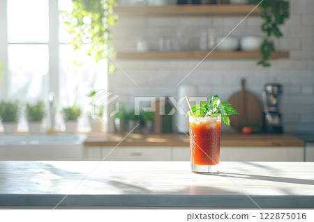 Bloody mary cocktail on white kitchen background 122875016