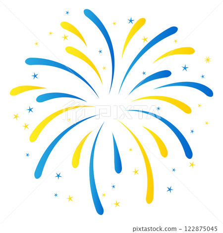 Blue and yellow fireworks, isolated on a transparent background. Greeting card for Independence Day of Ukraine. Day of Peace. Festive concept for Ukraine. Vector illustration 122875045