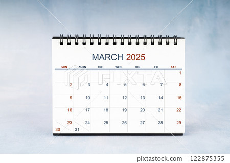 March 2025 Monthly calendar on vintage wall, Front view. 122875355