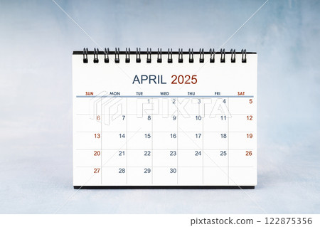 April 2025 Monthly calendar on vintage wall, Front view. 122875356