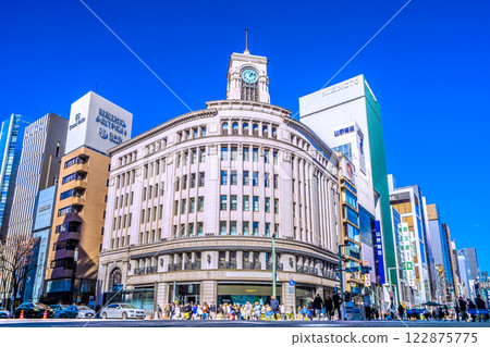 Tokyo cityscape in Japan in February. Inbound tourism continues... Ginza bustling with tourists... = 8th, day of pedestrian zone implementation 122875775