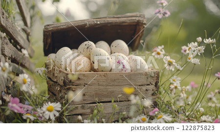 Speckled eggs in rustic wooden box surrounded by wildflowers in serene outdoor setting 122875823