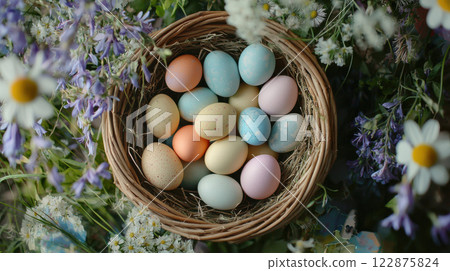 Colorful Easter eggs in wicker basket surrounded by spring flowers 122875824
