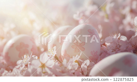 Easter eggs decorated with pink floral patterns surrounded by cherry blossoms 122875825