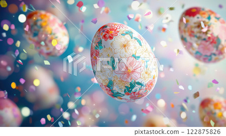 Colorful floral patterned Easter eggs floating with confetti in festive atmosphere 122875826