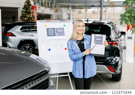 Saleswoman showing infographic during presentation about automotive suspension performance in car dealership Saleswoman showing infographic during presentation about automotive suspension performance in car dealership 122875846