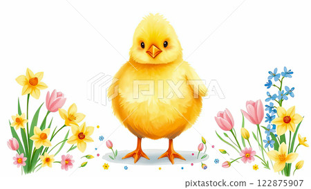 A yellow cheerful little chicken in the center of the composition on a white background. 122875907