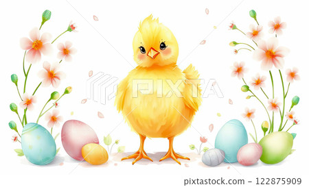 A yellow cheerful little chicken in the center of the composition on a white background. 122875909