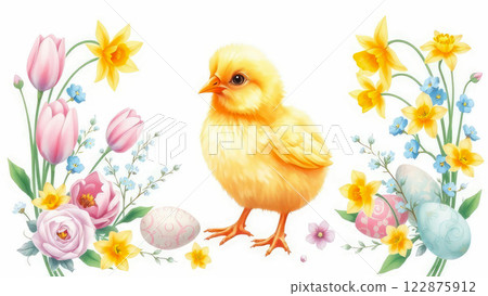 A yellow cheerful little chicken in the center of the composition on a white background. A yellow cheerful little chicken in the center of the composition on a white background. 122875912