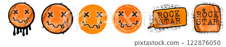 Orange Grunge smile face sticker set isolated on white. Grunge face and rock star label png stickers and t shirt print collection. Rock star sign, symbol and icon with funky face set 122876050