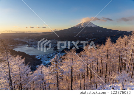 黎明時分從白雪皚皚的新道山口看到的富士山 122876083