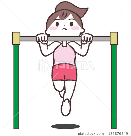一名女子懸掛在單槓上的插圖 122876249