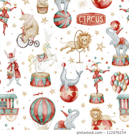 Watercolor Circus seamless Pattern with animals and carnival vintage elements. Illustration of childish background for party wrapping paper or kids nursery wallpaper. Festival backdrop for baby. Watercolor Circus seamless Pattern with animals and carnival vintage elements. Illustration of childish background for party wrapping paper or kids nursery wallpaper. Festival backdrop for baby. 122876254