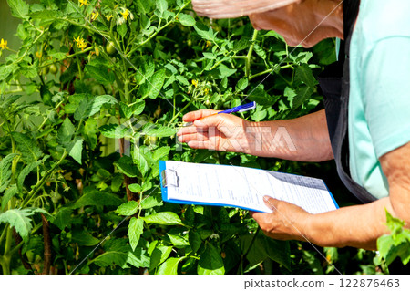 Elderly Female Farmer Observing Plants and Taking Notes 122876463