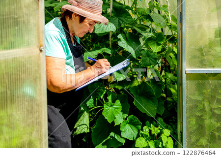 Elderly Female Farmer Observing Plants and Taking Notes Elderly Female Farmer Observing Plants and Taking Notes 122876464