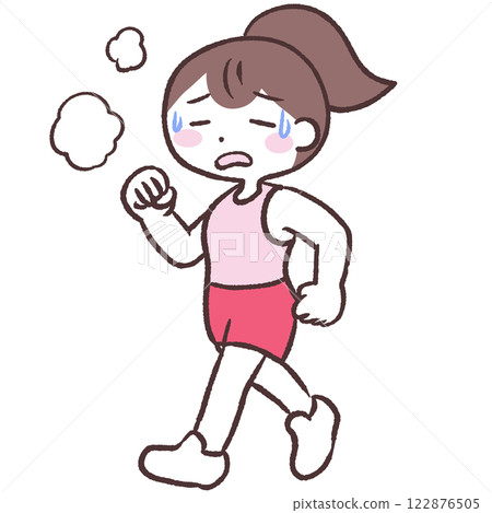 Illustration of a woman walking while out of breath 122876505