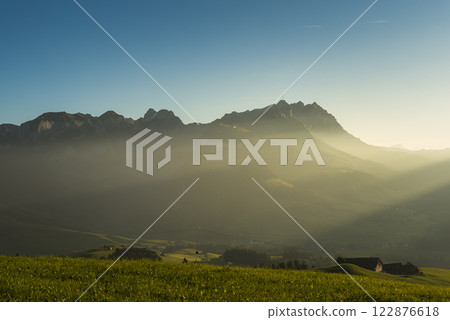 Mount Saentis in the Swiss Alps in the last light of the evening sun, Switzerland 122876618