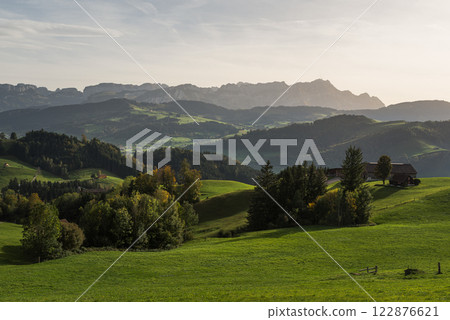 Hilly mountainous landscape the Swiss Alps, Switzerland Hilly mountainous landscape the Swiss Alps, Switzerland 122876621