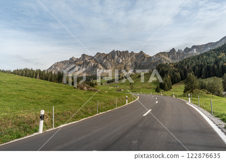 Pass road with view of Mount Saentis in the Swiss Alps, Switzerland Pass road with view of Mount Saentis in the Swiss Alps, Switzerland 122876635