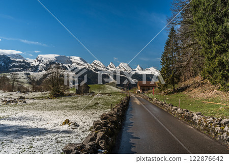 Mountain landscape in the Swiss Alps with view to the Churfirsten mountain range, Switzerland Mountain landscape in the Swiss Alps with view to the Churfirsten mountain range, Switzerland 122876642
