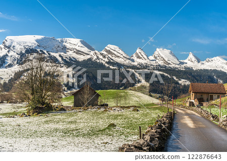 Mountain landscape in the Swiss Alps with view to the Churfirsten mountain range, Switzerland Mountain landscape in the Swiss Alps with view to the Churfirsten mountain range, Switzerland 122876643