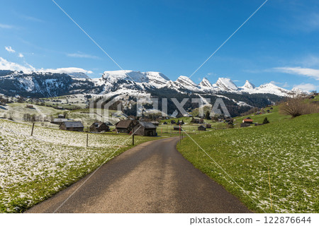Mountain landscape in the Swiss Alps with view to the Churfirsten mountain range, Switzerland Mountain landscape in the Swiss Alps with view to the Churfirsten mountain range, Switzerland 122876644
