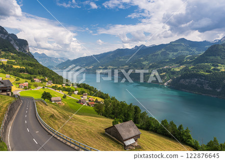 Scenic view of lake Walensee in the Swiss Alps, Switzerland 122876645