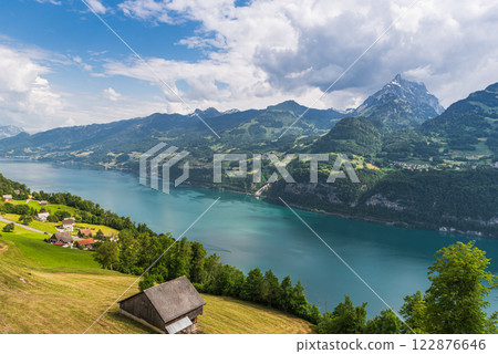 Scenic view of lake Walensee in the Swiss Alps, Switzerland 122876646