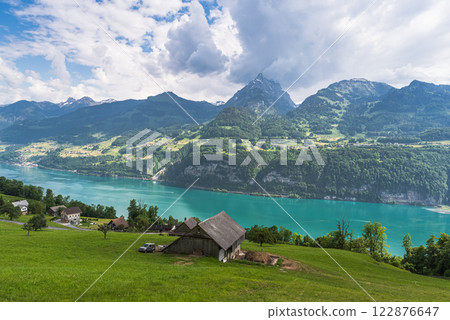 Scenic view of lake Walensee in the Swiss Alps, Switzerland 122876647