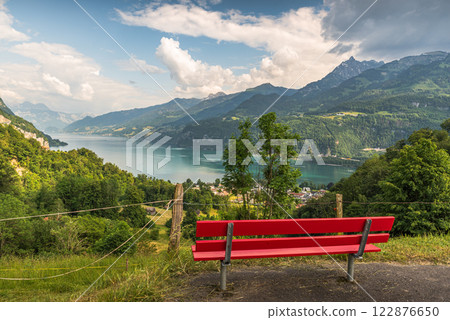 Scenic view of lake Walensee in the Swiss Alps, Switzerland Scenic view of lake Walensee in the Swiss Alps, Switzerland 122876650