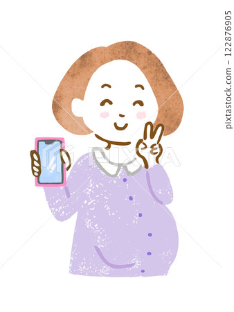一名孕婦在展示她的智慧型手機螢幕時做出和平手勢的插圖 122876905