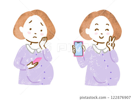 一名孕婦拿著手機的兩組臉部表情 一名孕婦拿著手機的兩組臉部表情 122876907
