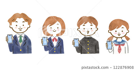 插圖為四名身著校服的男女初中生和高中生的上半身，他們面帶微笑，展示著自己的智慧型手機螢幕 122876908