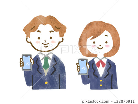 Illustration of upper body of male and female junior and senior high school students in uniforms smiling and showing the screen of their smartphone Illustration of upper body of male and female junior and senior high school students in uniforms smiling and showing the screen of their smartphone 122876911