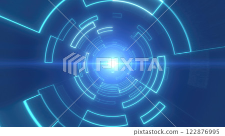 Blue digital tunnel with concentric lines and central light source, creating a sense of depth, movement, and futuristic design in a tech-inspired setting background Blue digital tunnel with concentric lines and central light source, creating a sense of depth, movement, and futuristic design in a tech-inspired setting background 122876995