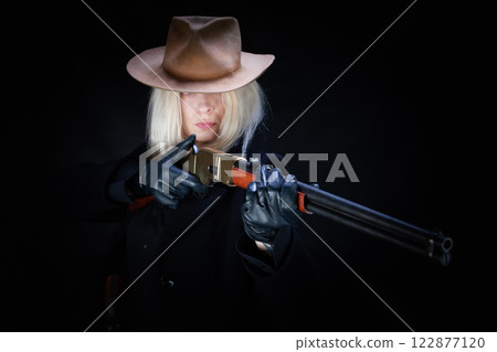 Old west girl in white hat with rifle Old west girl in white hat with rifle 122877120