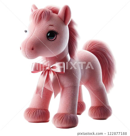Pink stuffed horse illustration with ribbon necklace 122877188