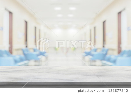 Marble table top with blur hospital clinic medical interior background 122877240