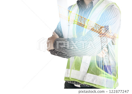 Double exposure image of professional engineer in protective helmet and blueprints paper at building construction site 122877247