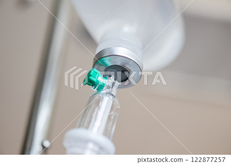 Close up medical intravenous IV drip in hospital background Close up medical intravenous IV drip in hospital background 122877257