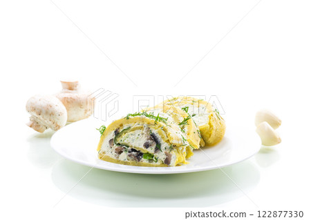 baked potato roll with cottage cheese filling with garlic and mushrooms, isolated on white background 122877330