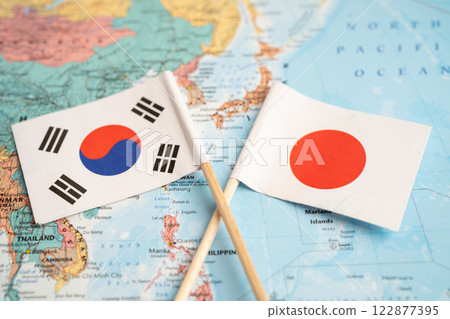 Bangkok, Thailand December 7, 2023, South Korea and Japan flag on world map. 122877395