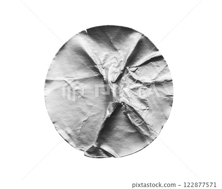 Blank silver round adhesive paper metallic sticker label isolated on white background 122877571