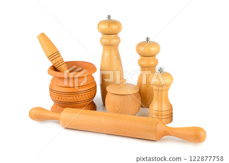 Set of wooden kitchen utensils isolated on white. 122877758