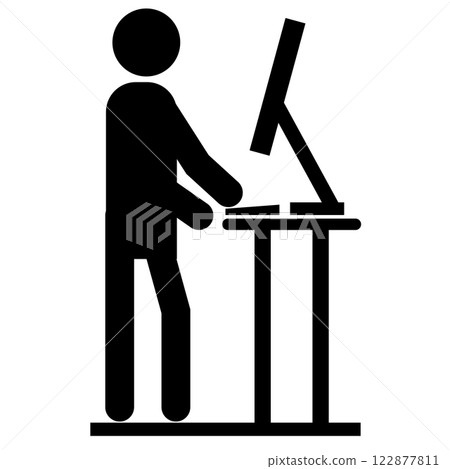 Man working at standing desk icon. Man working at the office on the computer. Work standing sign. flat style. 122877811