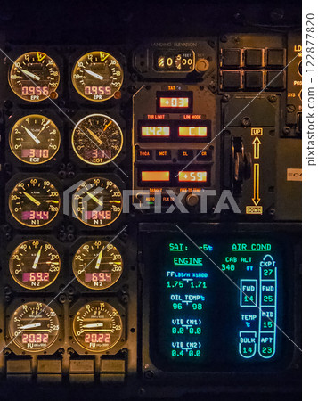 Close-up of an illuminated aircraft cockpit engine control panel at night. High quality photo 122877820