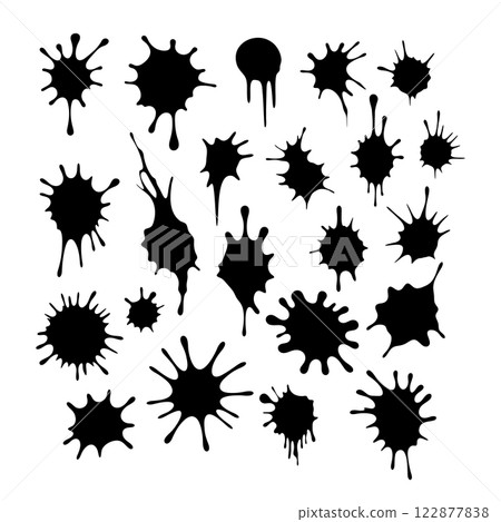 Set of Ink Splatter Vector Illustration. A versatile vector illustration featuring a collection of black ink splatters of various shapes and sizes. Set of Ink Splatter Vector Illustration. A versatile vector illustration featuring a collection of black ink splatters of various shapes and sizes. 122877838