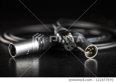 Xlr audio cable lying on dark wooden surface 122877970