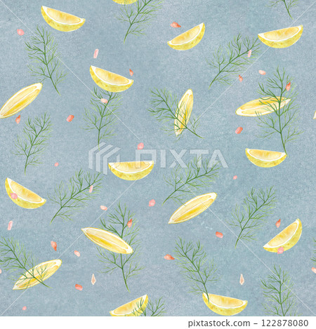 Lemon, dill and pink salt watercolor seamless pattern on blue background, hand drawn for food design. Perfect for spice box, menu, packaging, wrapping paper, cards, food ads, labels decor and design Lemon, dill and pink salt watercolor seamless pattern on blue background, hand drawn for food design. Perfect for spice box, menu, packaging, wrapping paper, cards, food ads, labels decor and design 122878080
