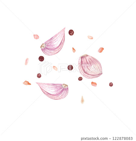 Garlic, Himalayan salt and pepper watercolor composition isolated on white background, hand drawn for food design. Spice box, restaurant and cafe menu, packaging, cards, food ads, labels decor and Garlic, Himalayan salt and pepper watercolor composition isolated on white background, hand drawn for food design. Spice box, restaurant and cafe menu, packaging, cards, food ads, labels decor and 122878083